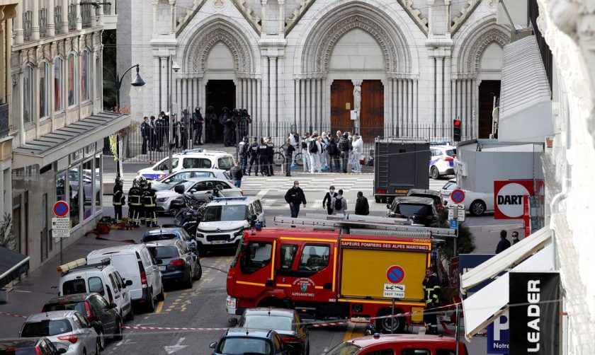 Security forces guard the area after a reported knife attack at Notre Dame church in Nice, France, October 29, 2020. REUTERS/Eric Gaillard