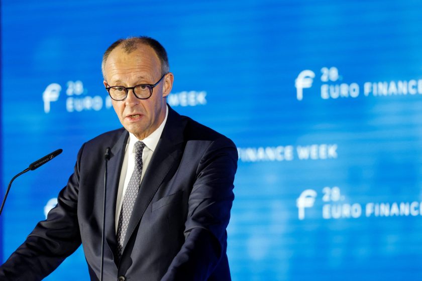 German Chancellor Friedrich Merz speaks at Euro Finance Week, an annual financial conference, in Frankfurt, Germany, November 17, 2025. REUTERS/Heiko Becker
