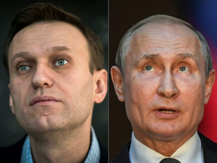 (COMBO) This combination of pictures created on October 1, 2020 shows Russian opposition leader Alexei Navalny (L, on January 16, 2018 in Moscow) and Russian President Vladimir Putin (on July 4, 2019 in Rome). - Russian opposition leader Alexei Navalny has accused President Vladimir Putin of being behind his poisoning, in his first interview published since he left the German hospital where he was treated. "I assert that Putin is behind this act, I don't see any other explanation," he told the German weekly Der Spiegel, which published extracts from the interview on its website Thursday, October 1, 2020. (Photos by Mladen ANTONOV and Tiziana FABI / AFP)